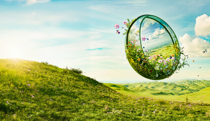 Futuristic Easter egg, concept of new life, spring world. Egg-shaped mirror on a green hill.