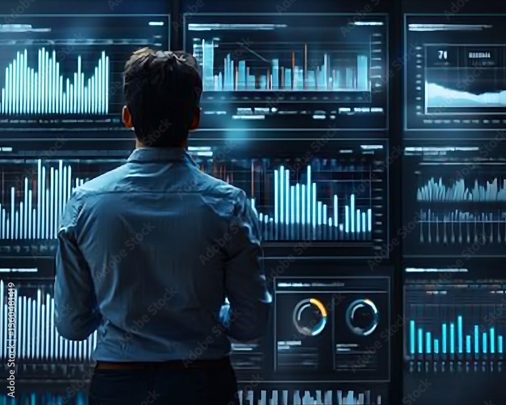 Poster man reviewing data visualizations on a wall of monitors displaying charts and graphs