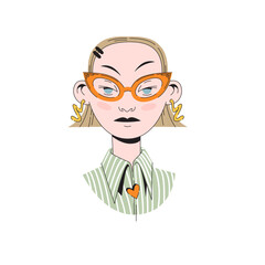 A stylish young woman with blond hair style wearing earrings glasses and a stylish outfit