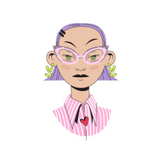 A stylish young woman with purple hair style wearing earrings glasses and a stylish outfit