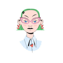 Fototapeta premium A stylish young woman with green hair style wearing earrings glasses and a stylish outfit