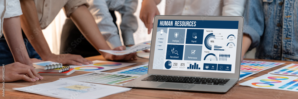 Poster human resources management software on computer screen helping human resources employee to manage re