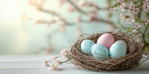 Obraz premium Colorful Easter Eggs Nestled in a Twigs Nest Surrounded by Cherry Blossom Flowers on a Bright Background