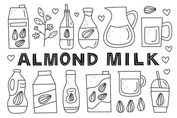 Set of doodle outline almond milk isolated on white background. Plant based alternative beverages. Vegan calcium sources. Healthy nutrition. Nut milk.