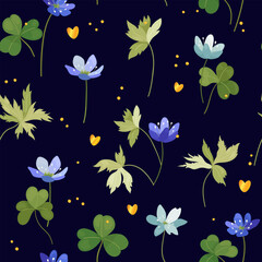 
Seamless floral vector pattern with forest blue flowers, on dark blue background with glitter for backdrop, fabric, paper, wild plants, primroses