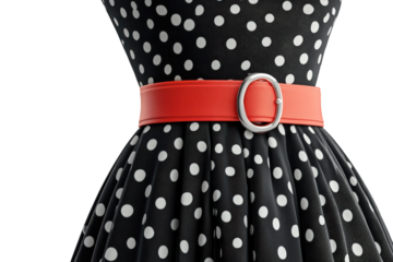 A Classic Black And White Polka Dot Dress Cinched With A Vibrant Red Belt, Exuding Vintage Charm And Retro Elegance Against A Clean White Backdrop Isolated on Transparent Background