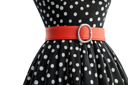 A Classic Black And White Polka Dot Dress Cinched With A Vibrant Red Belt, Exuding Vintage Charm And Retro Elegance Against A Clean White Backdrop Isolated on Transparent Background