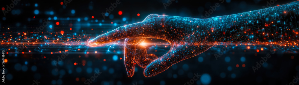 Poster digital interface with human hand touching ai technology amidst neural data network background