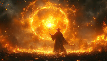 A robed figure, back to viewer, holds a staff before a massive fiery orb.  Surrounding landscape is consumed by flames