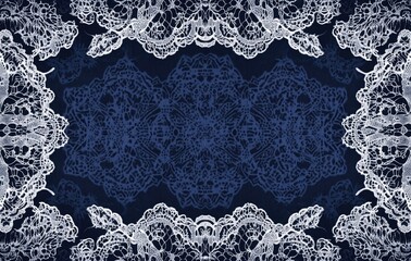 A blue lace tablecloth with white edging, with a large empty space in the center for text or product display