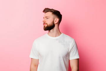 Fototapeta premium Casual Young Man in White T-Shirt Posing Against Peach Background