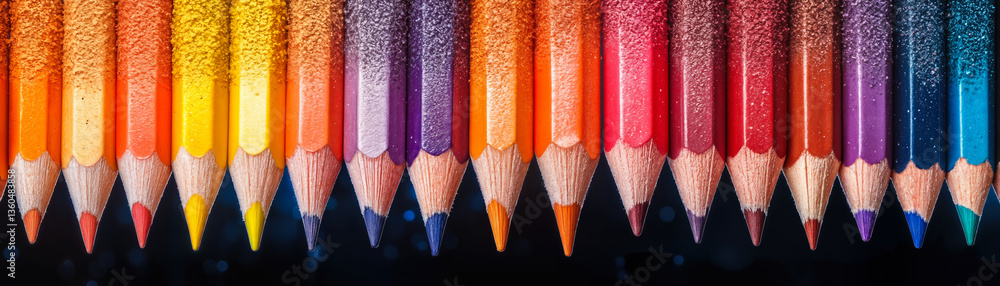 Poster colorful array of vertically aligned pencils in vivid spectrum on dark background symbolizing creati