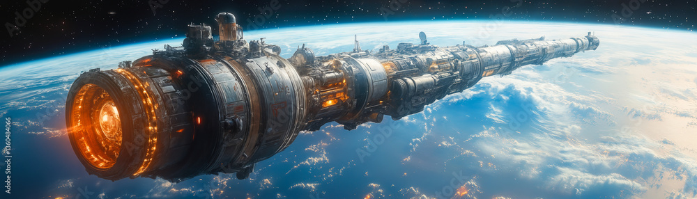 Poster futuristic spaceship orbiting earth for deep space exploration and colonization missions in expansiv