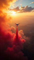Drone flying over a hillside with a large plume of smoke from a fire below during sunset.