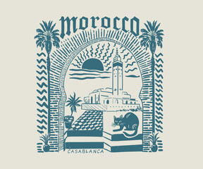 Morocco travel hand drawn vector art, Summer vacation vector graphic art, Mediterranean holidays destinations artwork for t shirt, wall art, home decoration