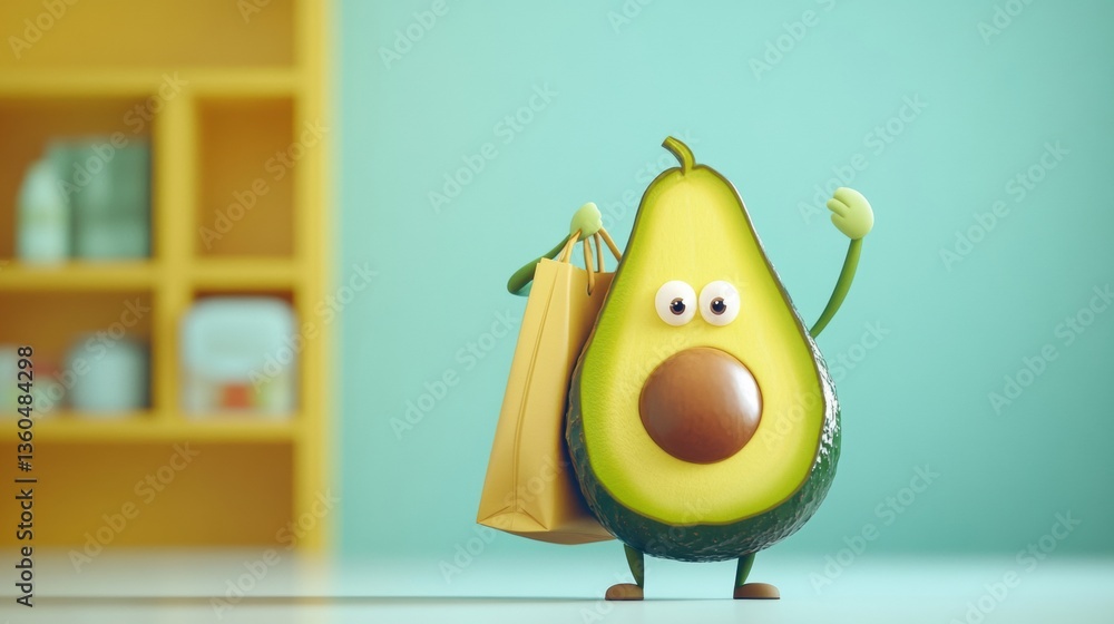 Poster humorous cartoon avocado happily carrying a large grocery bag in a playful pastel setting generative