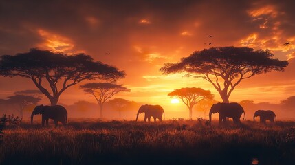 Sunset over the African savanna with silhouettes of acacia trees and a herd of elephants