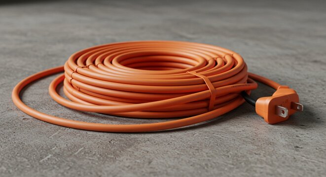Coiled electric extension cord on a concrete floor, safety and reliable power supply for home improvement, electrical work and outdoor usage at construction site