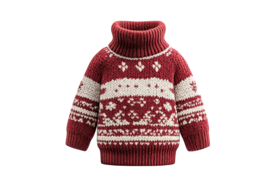 A Cozy Red And Cream Christmas Sweater For Toddlers, Featuring A Festive Nordic Pattern And A Snug Turtleneck Collar Against A Clean Isolated on Transparent Background