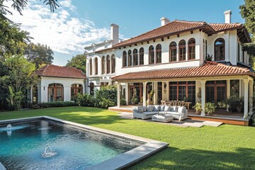 Luxurious villa with outdoor pool and landscaped gardens in a sunny setting showcasing elegant architecture and tranquil ambiance
