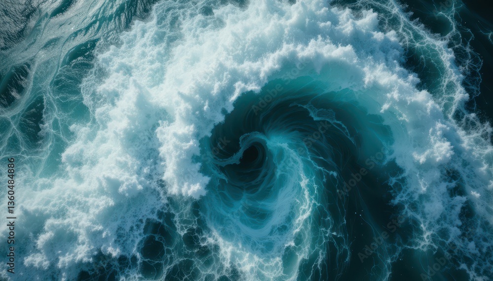 Poster spiraling ocean wave splashing with turquoise foam in motion
