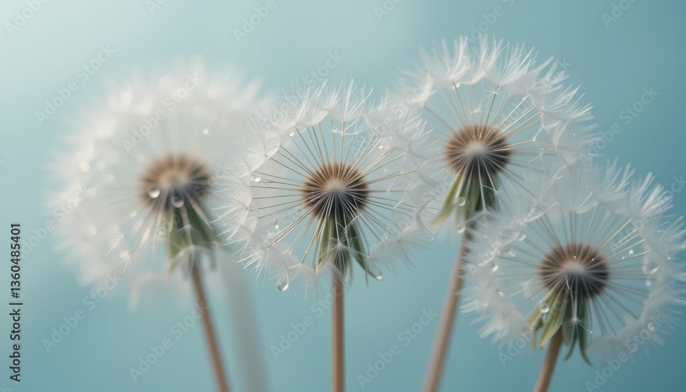Aufkleber delicate dandelion seeds glimmering with dew on a soft background