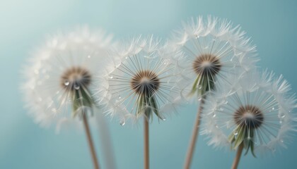 Obraz premium Delicate Dandelion Seeds Glimmering with Dew on a Soft Background