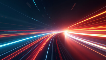 Abstract high-speed movement background. Dynamic motion light trails with motion blur effect on dark background. Futuristic, technology pattern for banner or poster design.