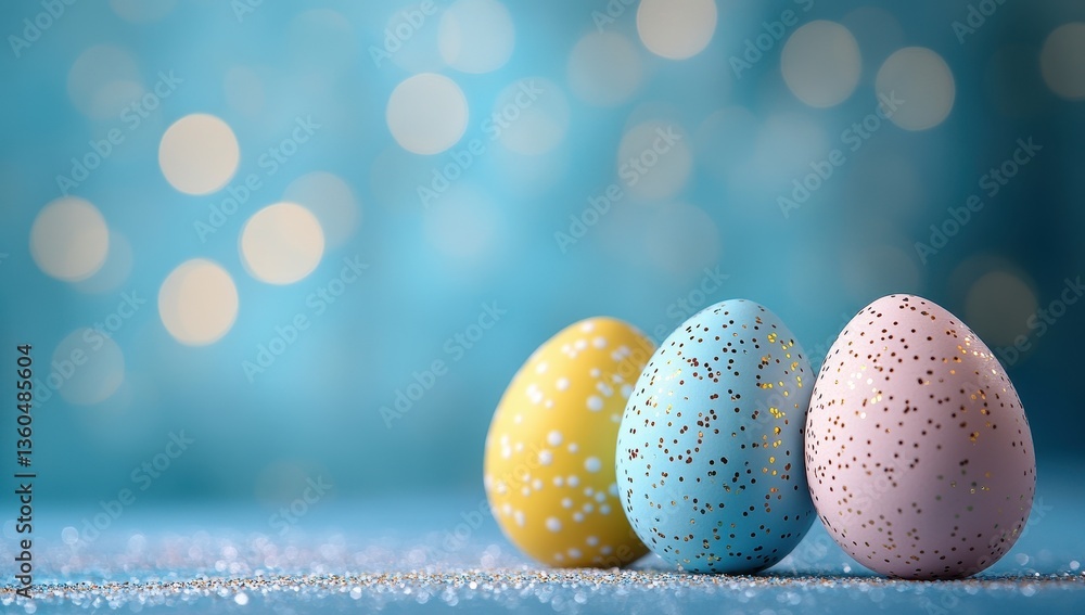 Poster colorful easter eggs on a glittering surface with a soft bokeh background enhancing the festive atmo