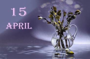 Calendar for April 15: spring bouquet on pastel background, numbers 15, name of the month April in...