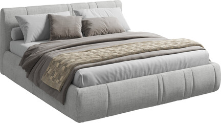 Perspective view of double bed with headboard and blanket