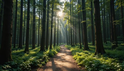 Fototapeta premium Serene Forest Pathway with Sunlight Filtering Through Trees