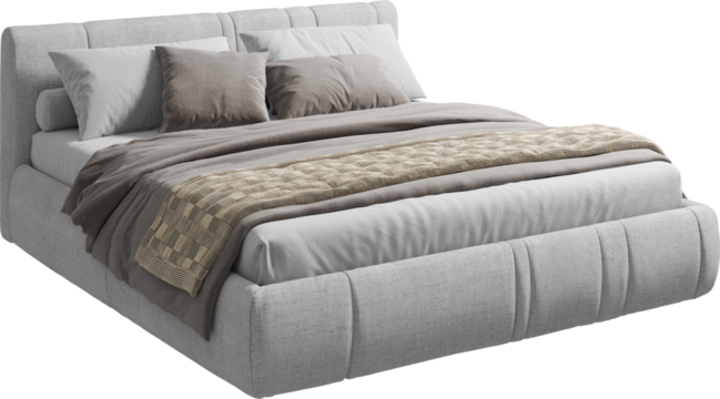 Perspective view of double bed with headboard and blanket