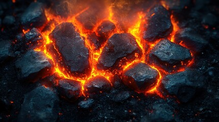 Molten rock glowing intensely amidst dark, rocky terrain