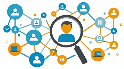 Magnifying glass focuses on a person in a network, symbolizing hiring, recruitment and team work
