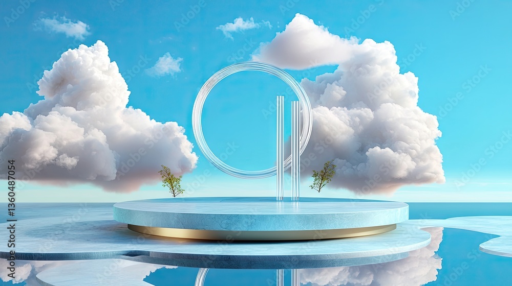 Poster dreamy 3d-rendered floating clouds in an elegant blue setting with circular elements.