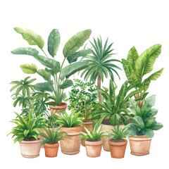 Obraz premium A Watercolor Oasis: A vibrant watercolor illustration of a lush collection of potted plants, offering a sense of tranquility and the beauty of nature. 