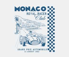Monaco vintage race track vector art, Monaco royal racer club vector design, Vintage racing t shirt design, French summer vacation artwork