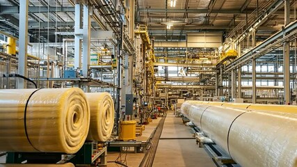 Mineral wool insulation production line operating in modern factory