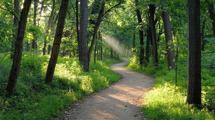 Fototapeta premium Dreamy nature trail winding through a dense green forest, bathed in warm morning light.