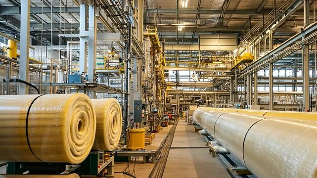 Mineral wool insulation production line operating in modern factory