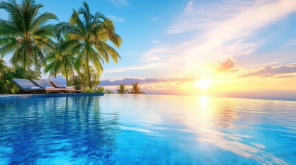 Naklejka premium Infinite Pool Oasis: Palm trees frame the serene scene of an infinity pool blending seamlessly with the tranquil ocean at sunset, creating a paradise.