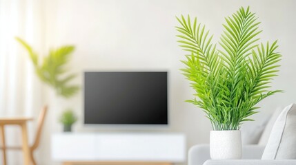 Home Serenity: An inviting living space is subtly framed with a vibrant, flourishing plant, adding a refreshing sense of nature to the interior, evoking feelings of peace and serenity