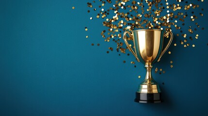 A golden trophy on a teal background, with golden confetti around, celebratory, high - contrast, realistic 3D render
