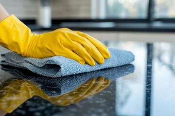 Cleaning person wiping granite countertop with disinfectant spray and microfiber cloth