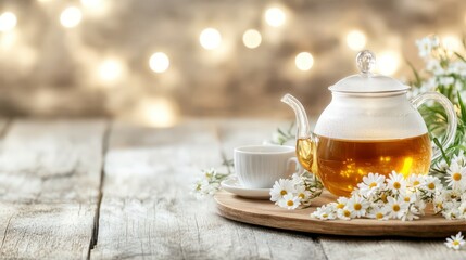 Fototapeta premium Aromatic Tea Time: A close-up shot showcases a clear glass teapot filled with golden tea, a delicate teacup, and a small bouquet of white flowers, all arranged on a wooden tray.