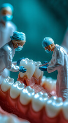 Zahnmedizinische Mikrochirurgie, Miniaturfiguren arbeiten am Zahn