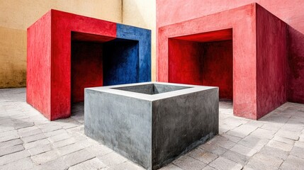 Colorful Cubist Structures in Courtyard