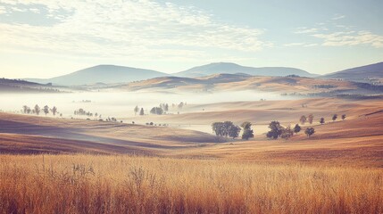 Fototapeta premium Misty morning in a golden field valley landscape