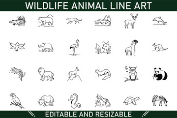 Editable Wildlife Animal Line Art Illustrations, Designs, Vector, Graphics, Printable, Scalable, Dow
